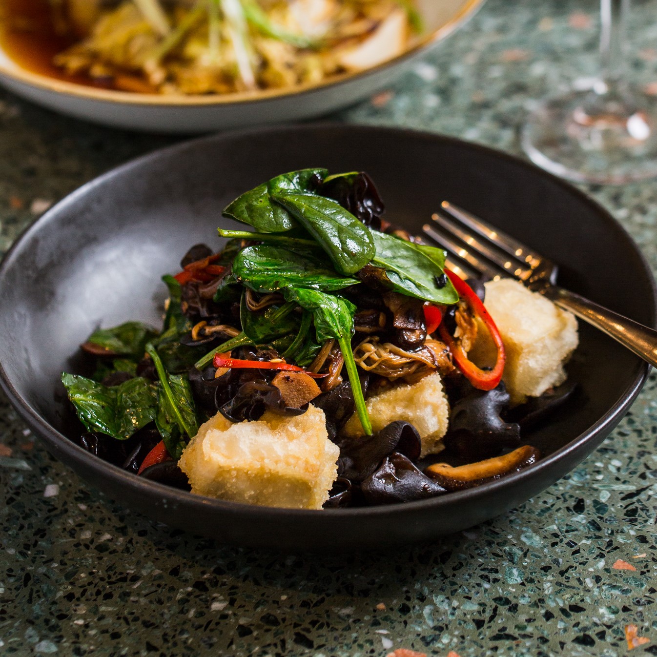 Deep-Fried Silken Tofu | salted black bean, Asian mushrooms, baby spinach & chilli (V / GF) | 26